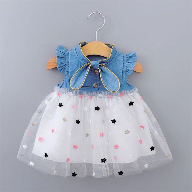 Baby Girl Summer Dress (0–4Y) – Tulle, Denim Cotton, Ruffle Sleeves – A458
