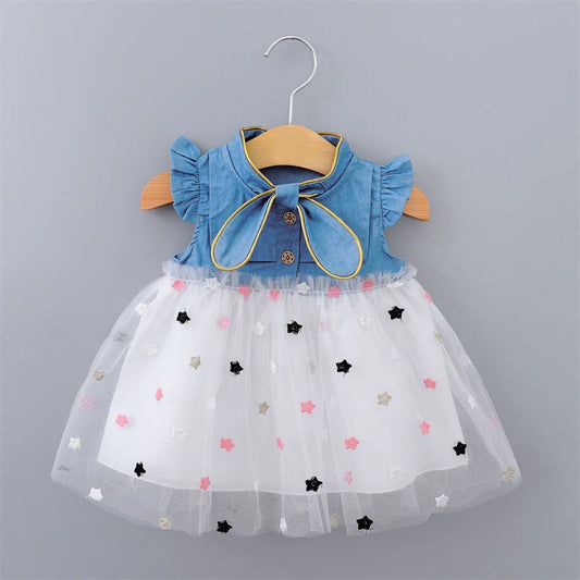 Baby Girl Summer Dress (0–4Y) – Tulle, Denim Cotton, Ruffle Sleeves – A458