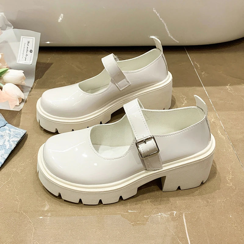 Spring 2025 Women’s Retro Thick-Soled Leather Shoes – Round Toe Buckle Single Shoes