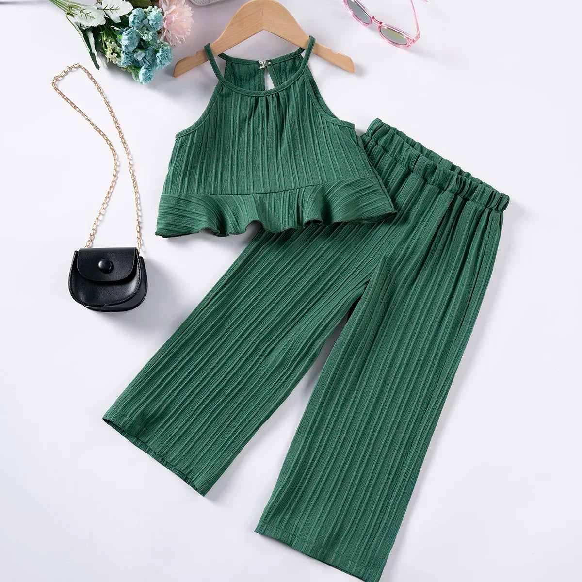 Girls’ Summer Halter Top & Wide-Leg Pants Set – Beach Vacation Outfit