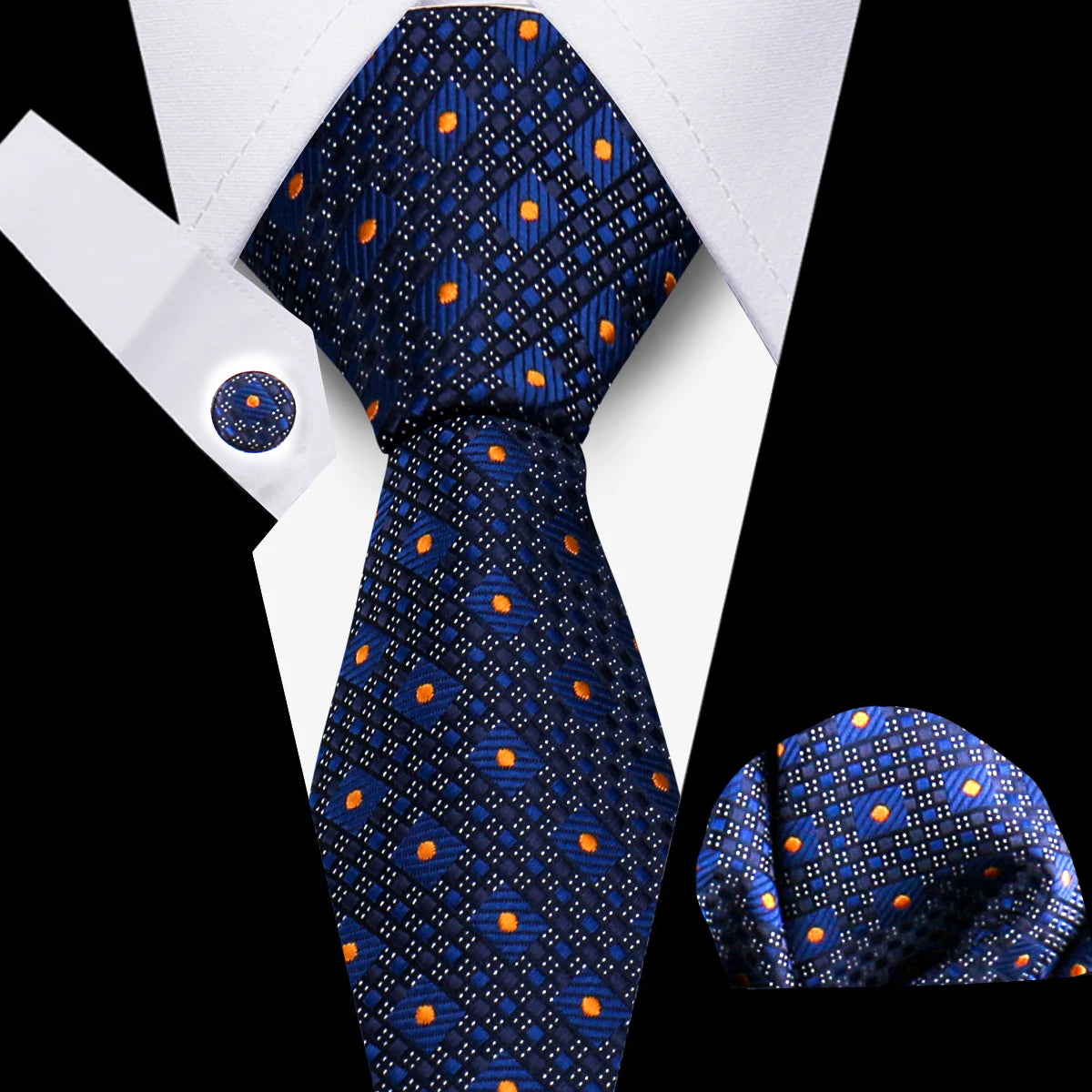 Classic Men’s Tie Set Plaid Necktie with Pocket Square & Cufflinks Business Wedding Gift Accessories