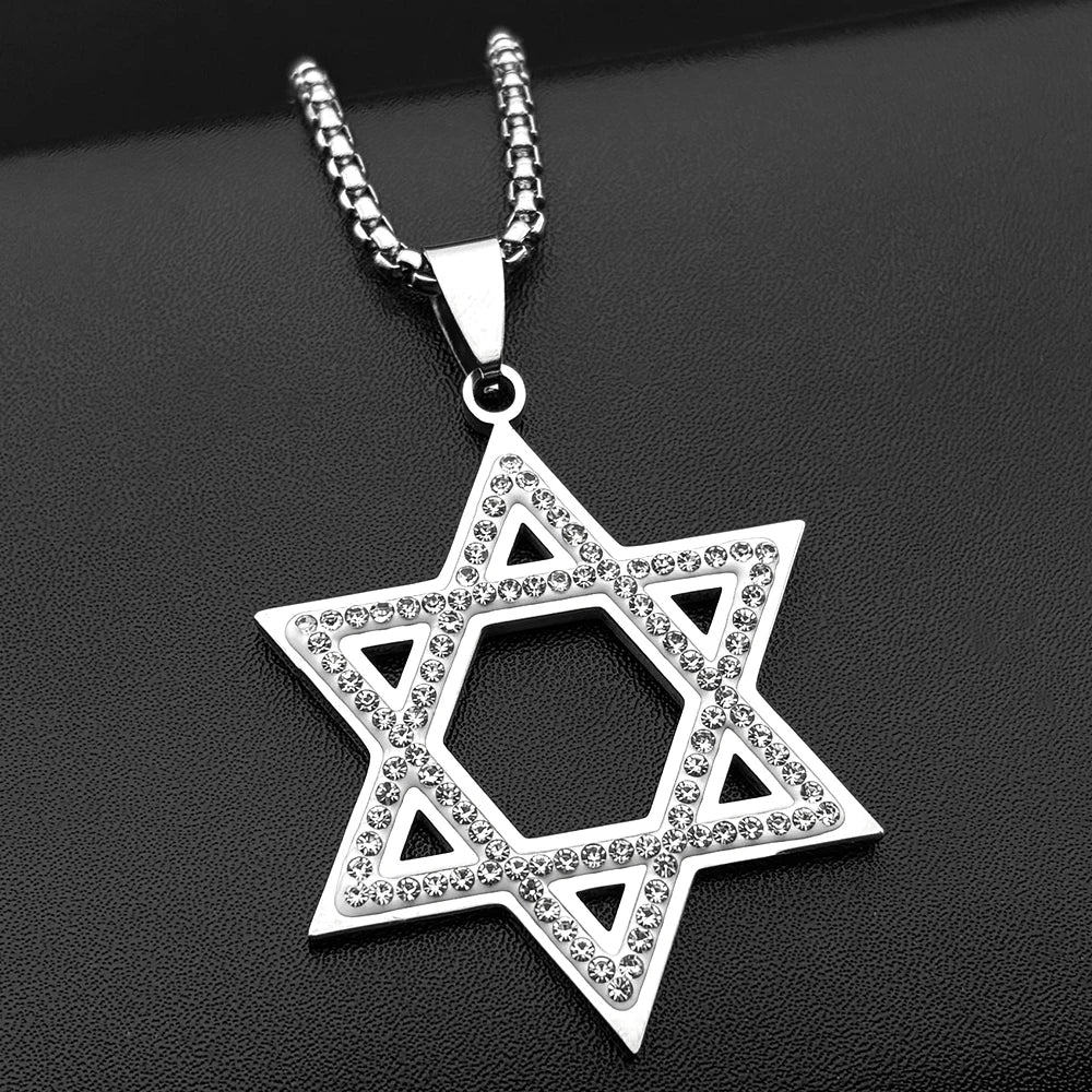 Israel Hexagram Star of David Pendant Necklace – Stainless Steel with Rhinestones, Unisex