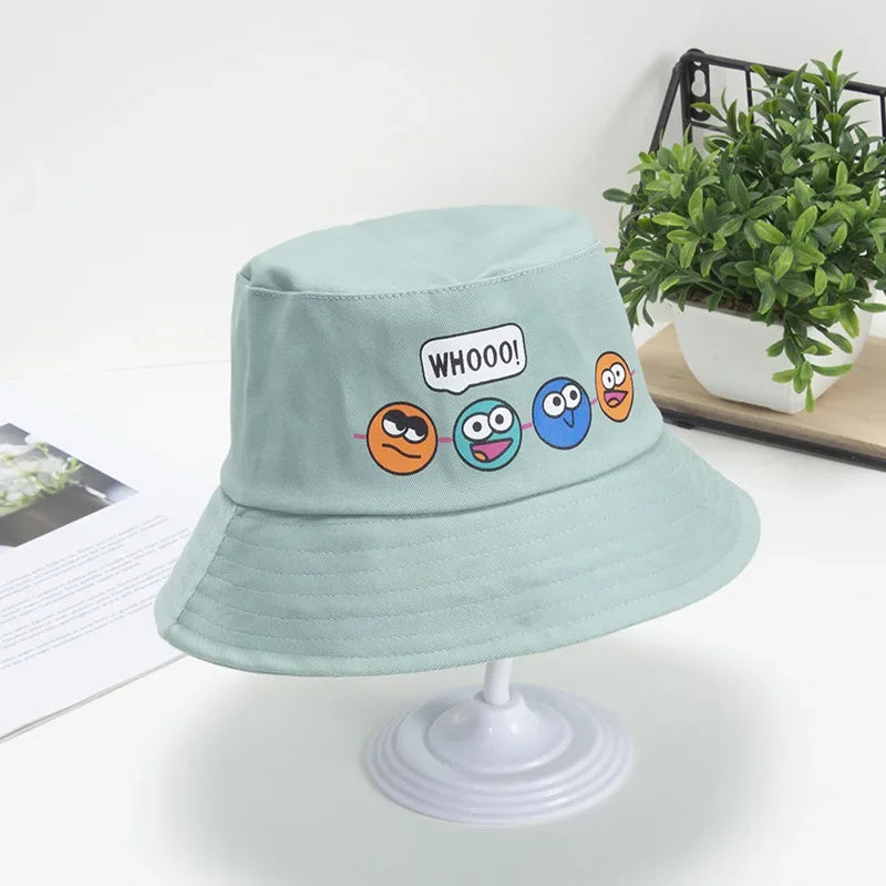 Korean Cute Cartoon Kids Bucket Hat – Boys & Girls Outdoor Sun Cap with Windproof Rope