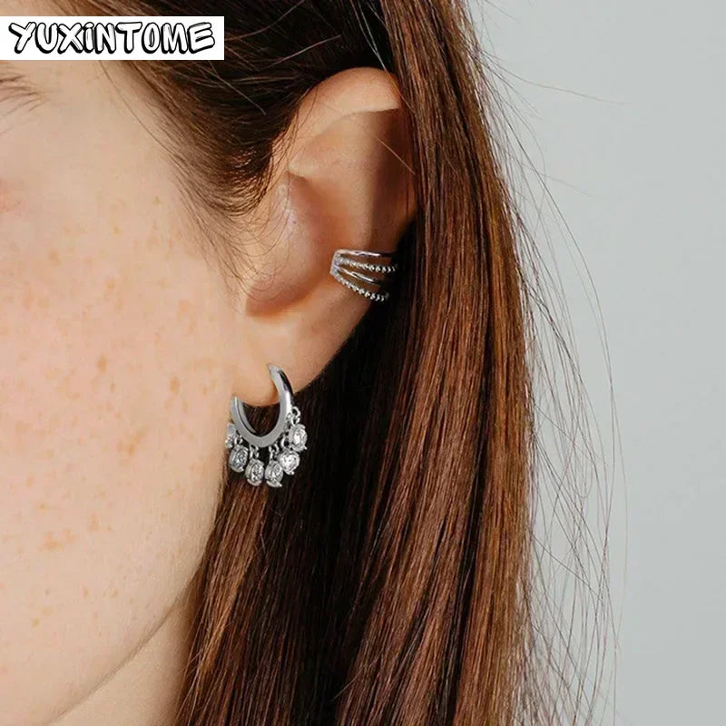 925 Sterling Silver White Zircon Tassel Hoop Earrings — Women’s Luxury Korean Fashion Jewelry 2025