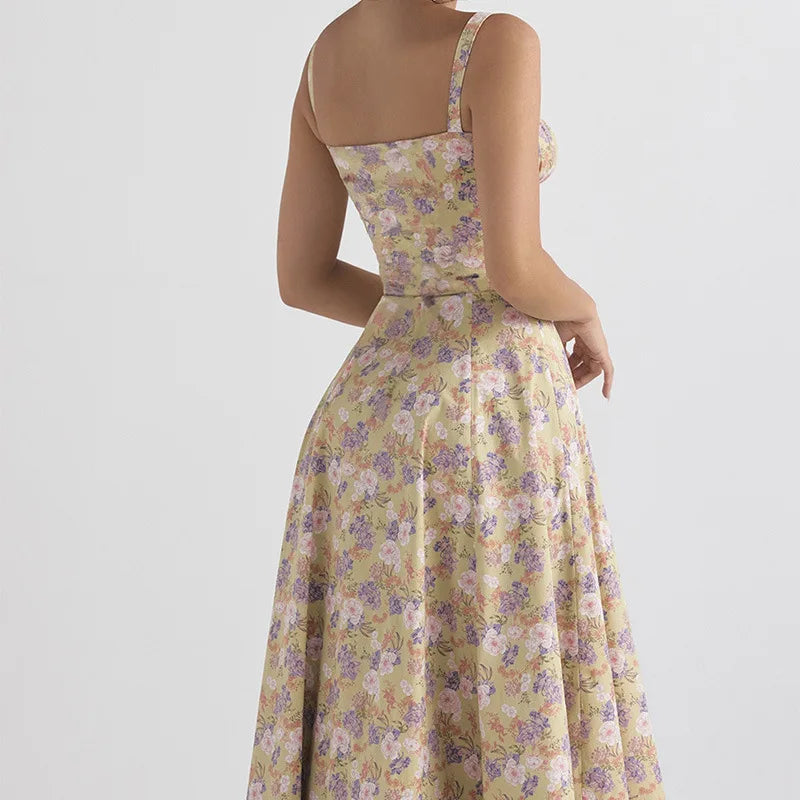 Women’s Floral Print Summer Midi Dress – Lace-Up Corset Beach Vacation Dress