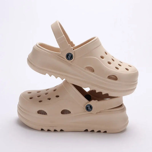 Thick-soled, non-slip beach sandals with wedge design.