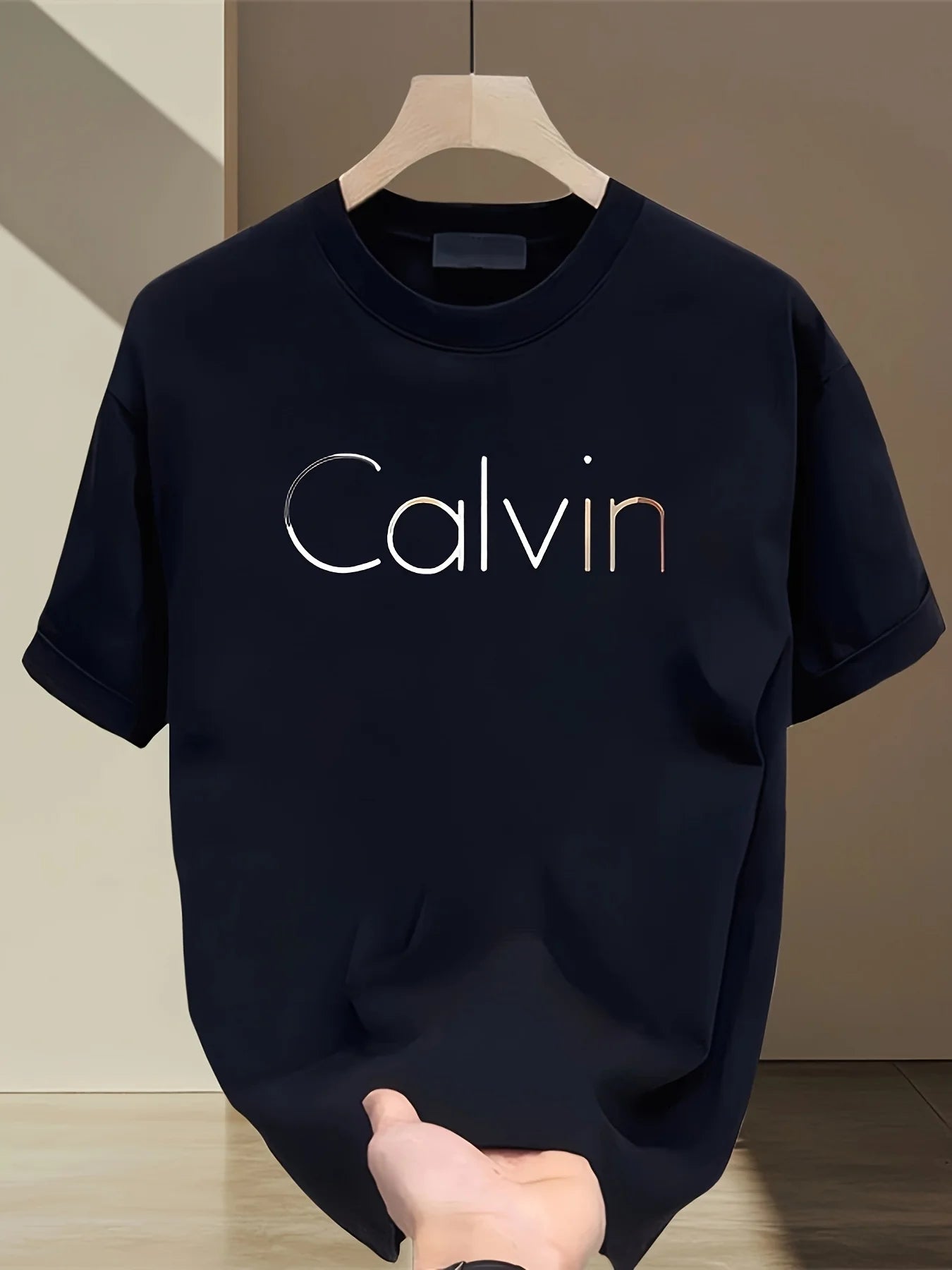Men's Summer 100% Cotton Loose-Fit Calvin Print Casual Sports Tee, Round Neck, Short Sleeve.