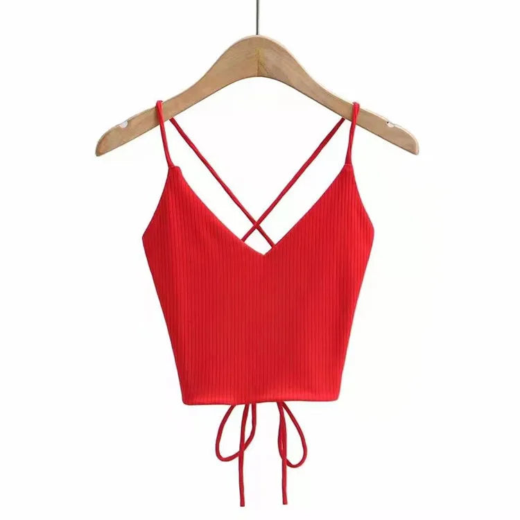 Women’s Ribbed Halter Crop Top – Lace-Up Tie Back, Sleeveless Summer Style