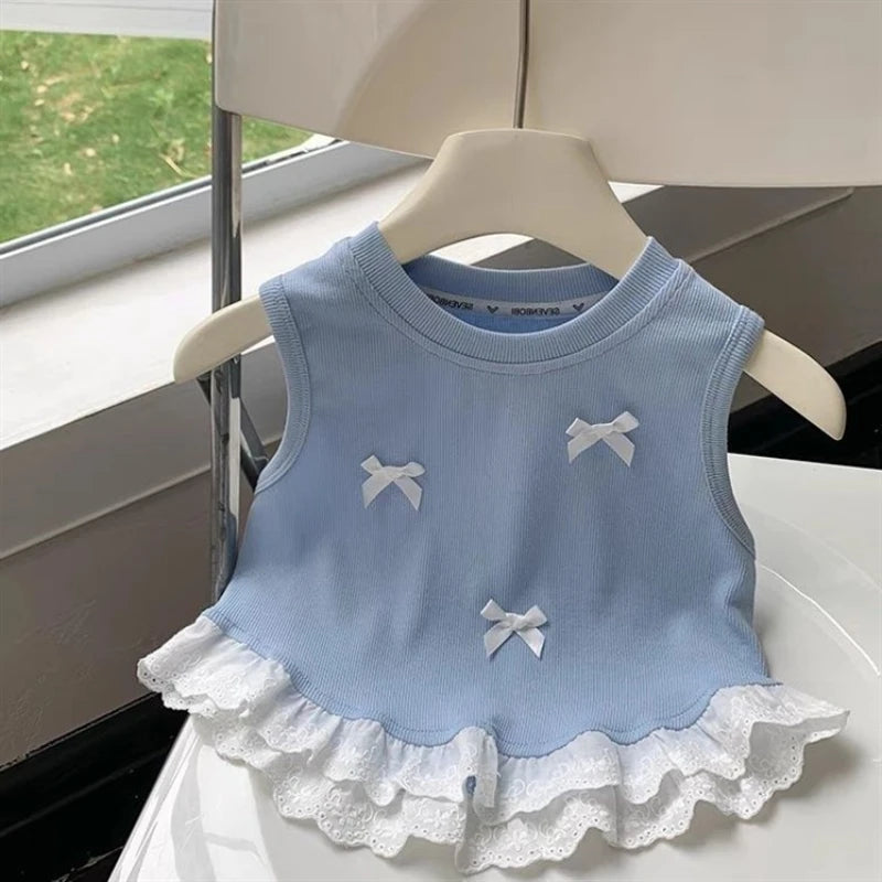 Stylish Children Tank Tops Vest Girls Summer Short Sleeveless Bow-Knot Floral Lace Clothes Kids Casual Wear Cute T-Shirt