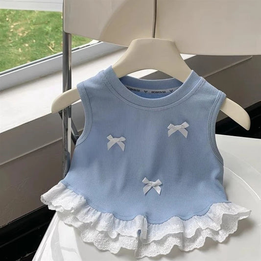 Stylish Children Tank Tops Vest Girls Summer Short Sleeveless Bow-Knot Floral Lace Clothes Kids Casual Wear Cute T-Shirt