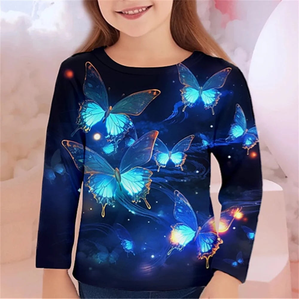 Girls' 3D Butterfly Print Long-Sleeve T-Shirt – Casual Spring/Fall Kids' Top