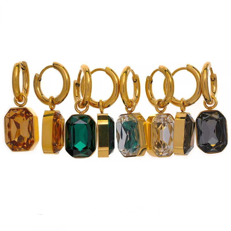Trendy Women’s Earrings – Stainless Steel with Cubic Zirconia & Glass, Modern Style Gift