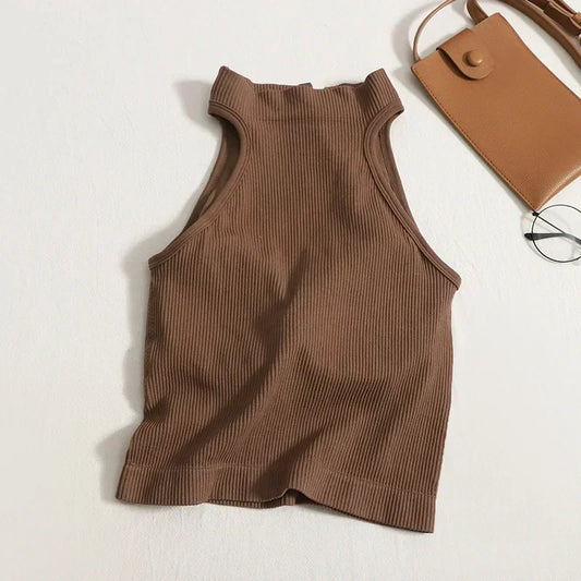 Vintage Halter Camisole for Women – Sleeveless Button Crop Top with Built-In Bra.