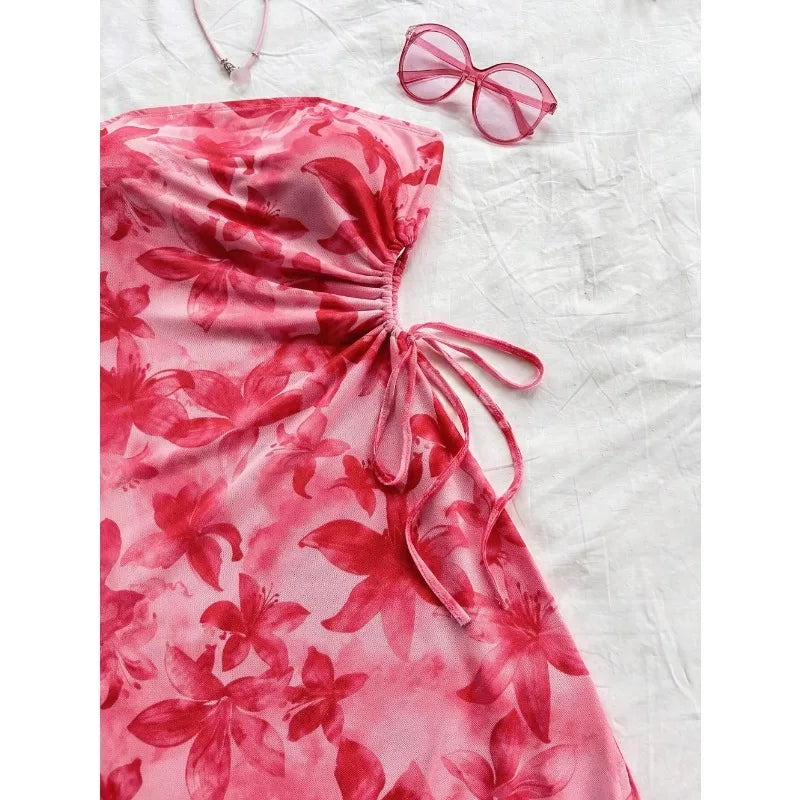 Floral Strapless Mini Dress – Ruched Backless Bodycon Party Dress