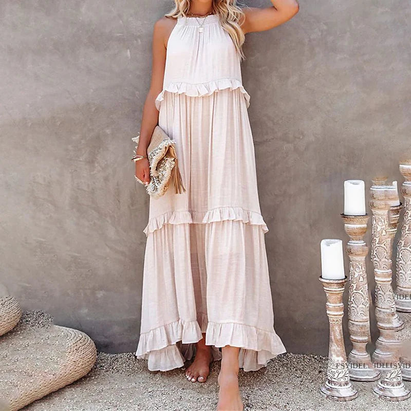 Women’s Casual Solid Ruffle Maxi Dress – Sleeveless Summer Beach Sundress, Elegant Party Vestido
