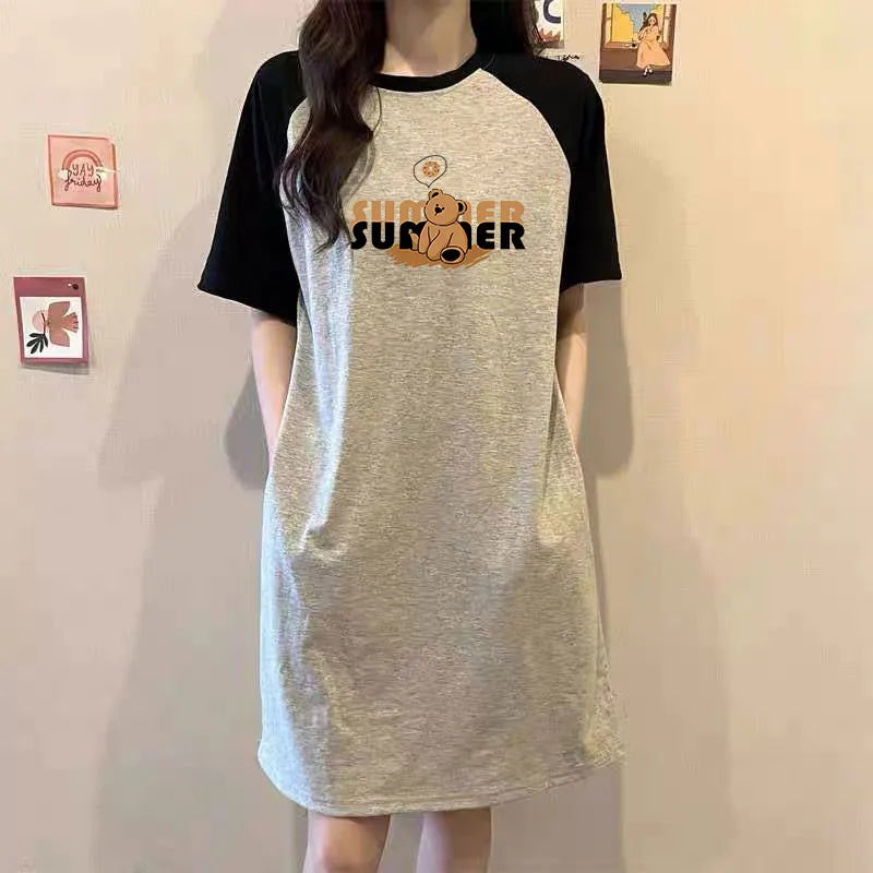 Maternity Bear Print Dress – Casual Round Neck Summer Dress