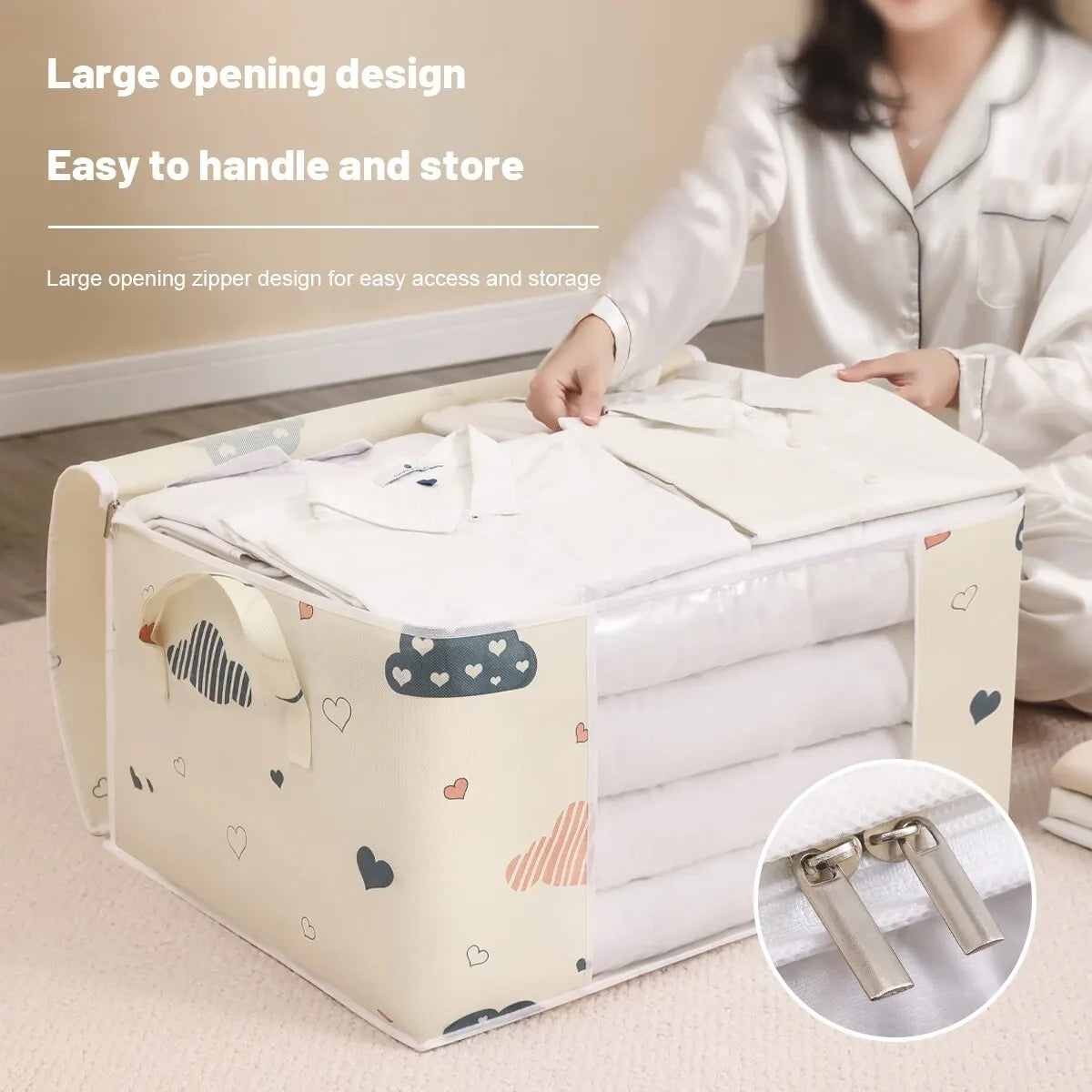 Large Capacity Clothes Storage Bag — Foldable Organizer with Reinforced Handles & Sturdy Zipper for Bedding and Blankets