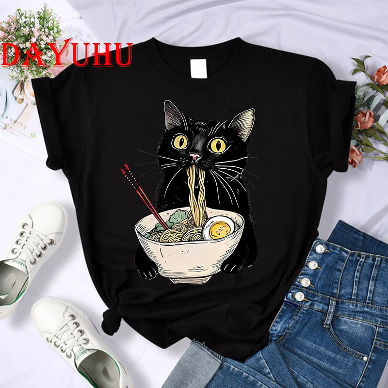 Women's Retro Black Cat Noodle Ramen T-Shirt – Foodie Casual Short Sleeve Tee