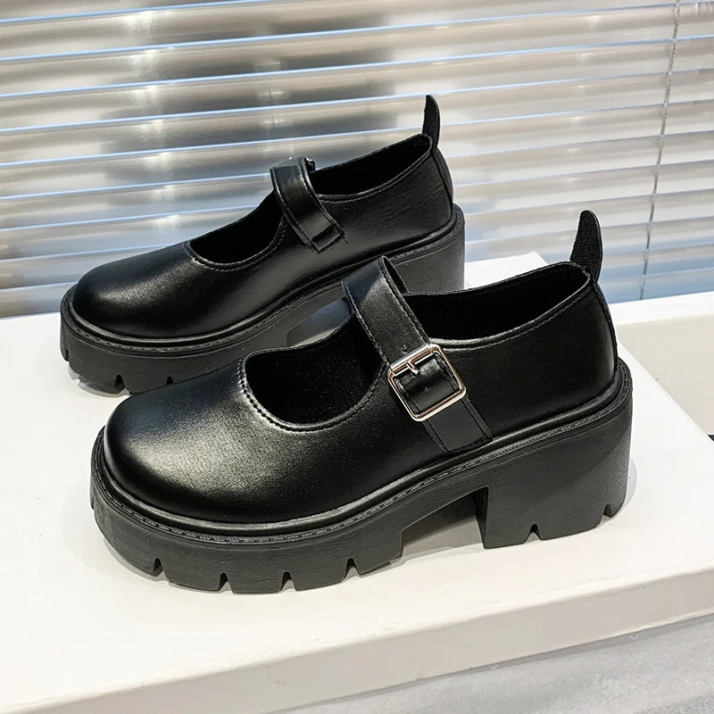 Spring 2025 Women’s Retro Thick-Soled Leather Shoes – Round Toe Buckle Single Shoes