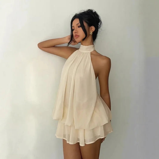 Women’s Y2K Halter Neck Backless Tie-Front Chiffon Mini Dress