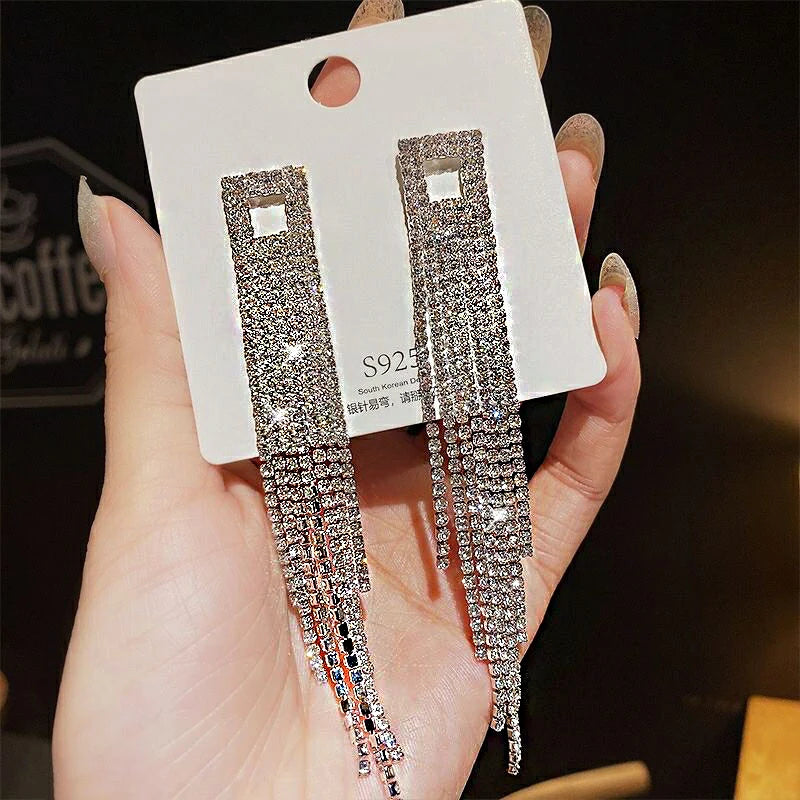 Shiny Crystal Zircon Drop Earrings for Women Geometric Tassel Vintage Pendant Fashion Jewelry