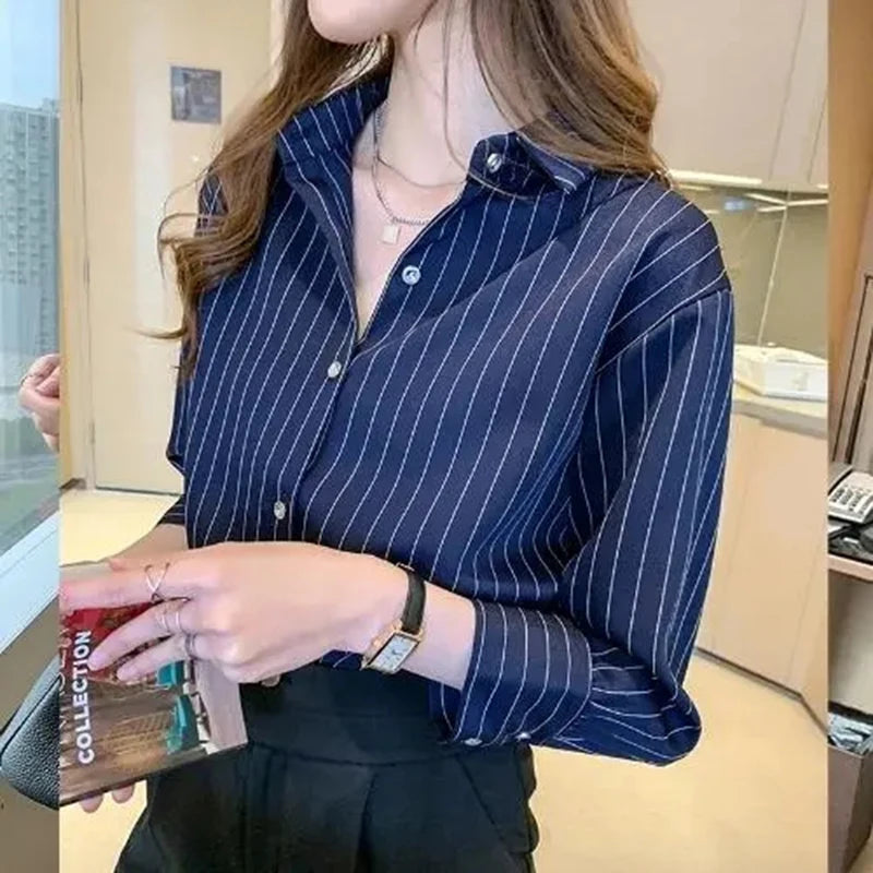 Women’s Striped Summer Shirt – Vintage Chic Loose Long Sleeve Blouse