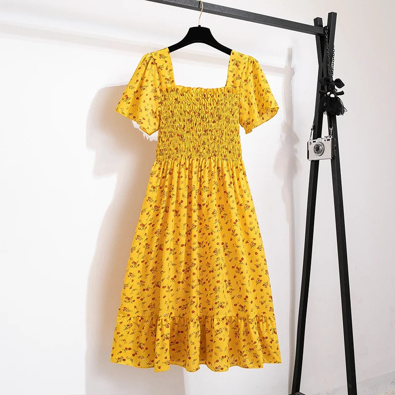 Elegant Korean Summer Floral Dress Style- with Square Neckline, Ruffle Details & Elastic Waist