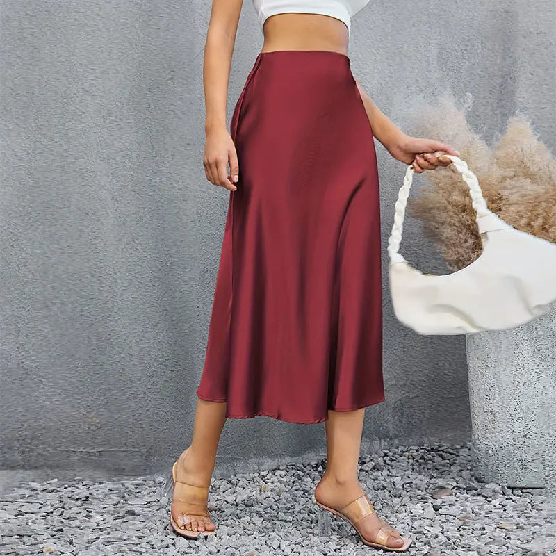 Women’s Satin A-Line Skirt – Korean Style High Waist Elegant Skirt