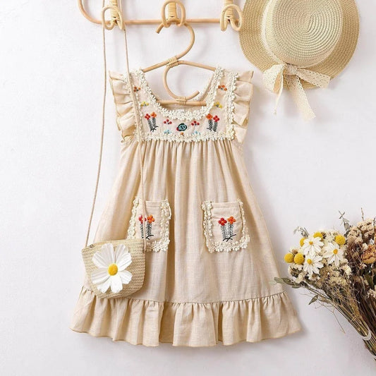 Girls’ Summer Khaki Embroidered Ruffle Edge Dress Sleeveless with Pocket