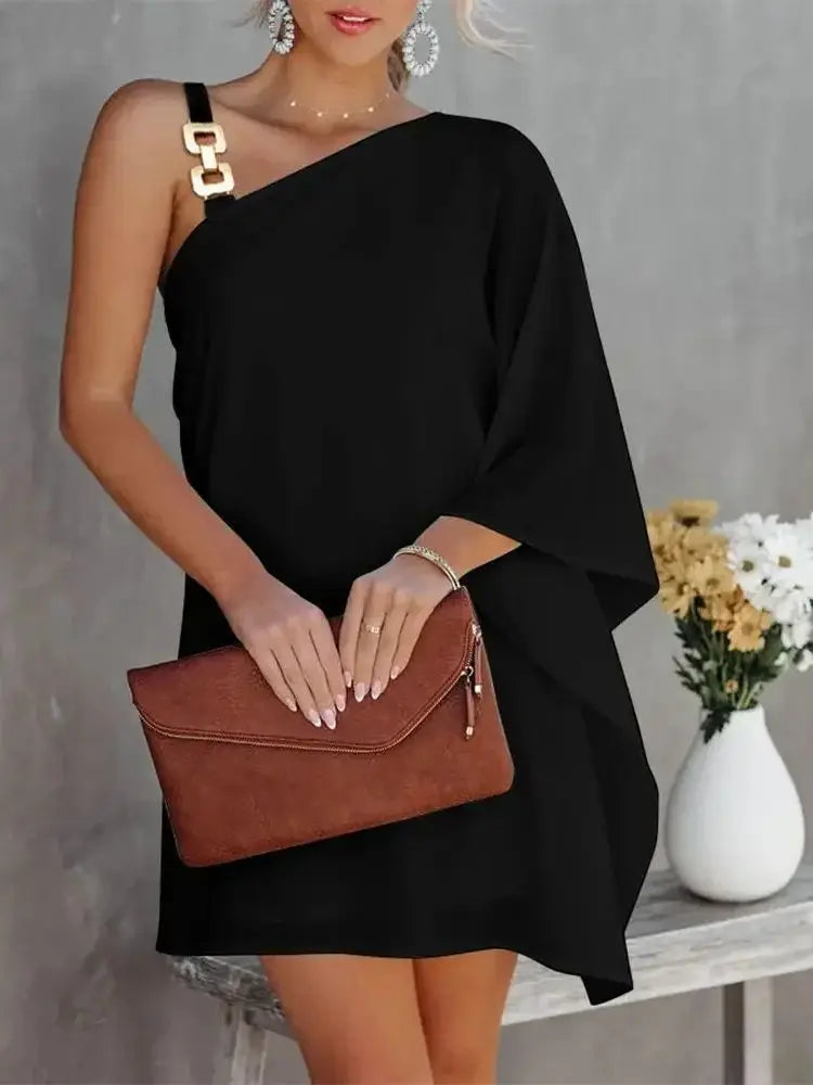 Women’s Sloping Shoulder Printed Midi Dress – Casual, Work, Off-The-Shoulder 2024