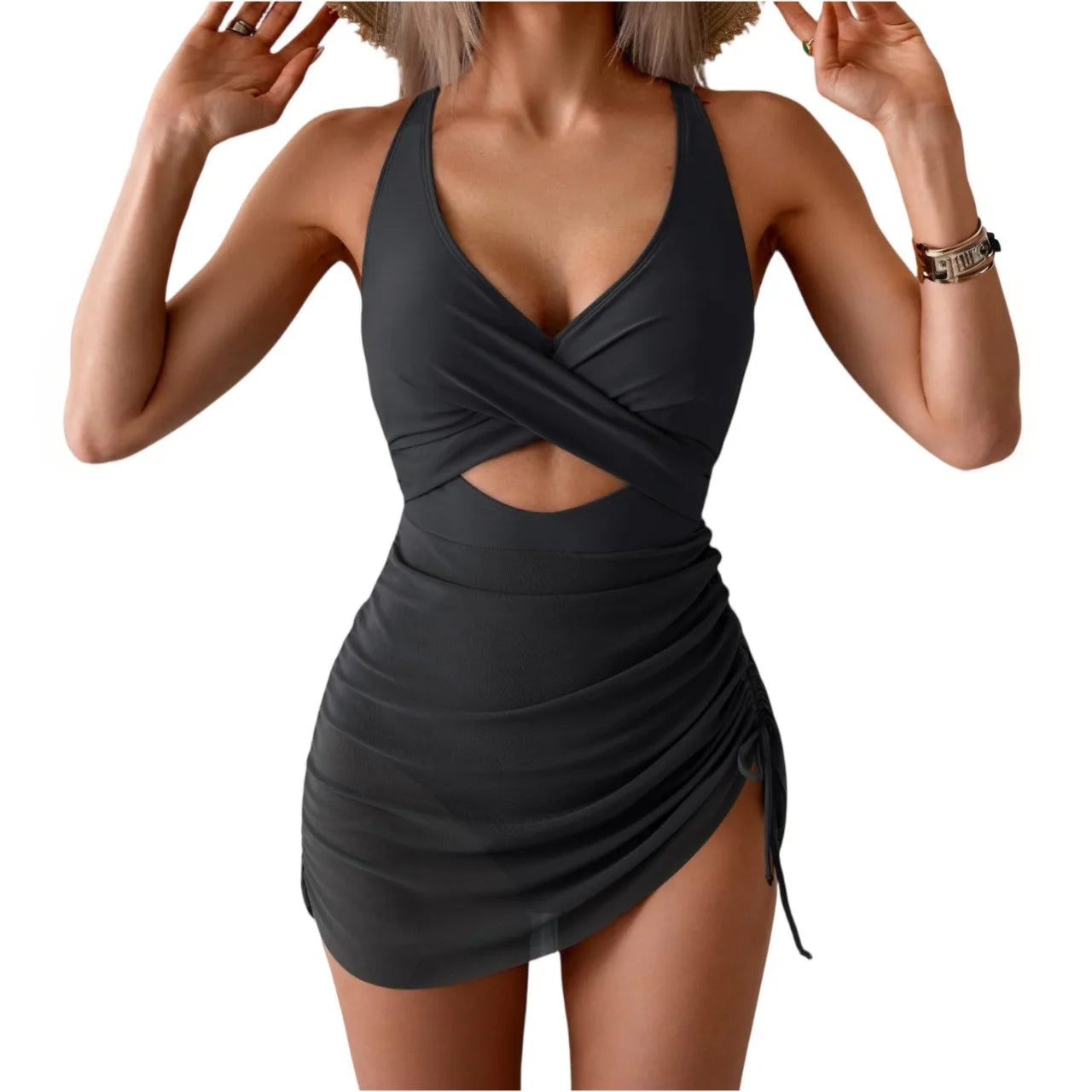 Women's Sexy One-Piece Swimsuit – Deep V, Mesh Splice, Side Drawstring, Suspender Style Beachwear