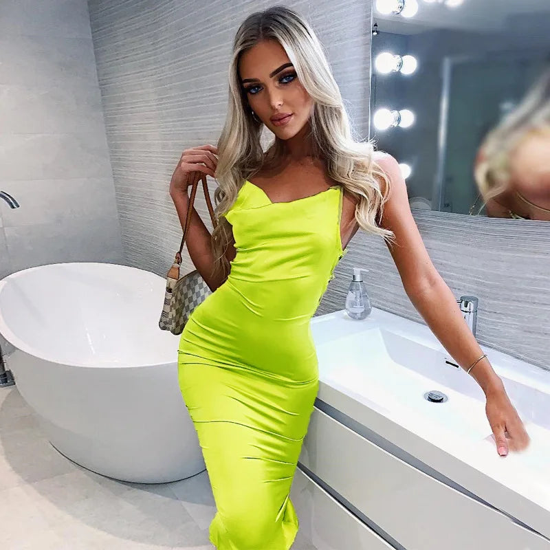 Neon Satin Lace-Up Backless Bodycon Midi Dress for Women – Light Pink, Elegant & Sexy Party Outfit, Summer 2022.