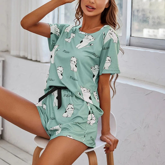 Women’s Pajama Set – Short Sleeve Top & Shorts with Cartoon Print