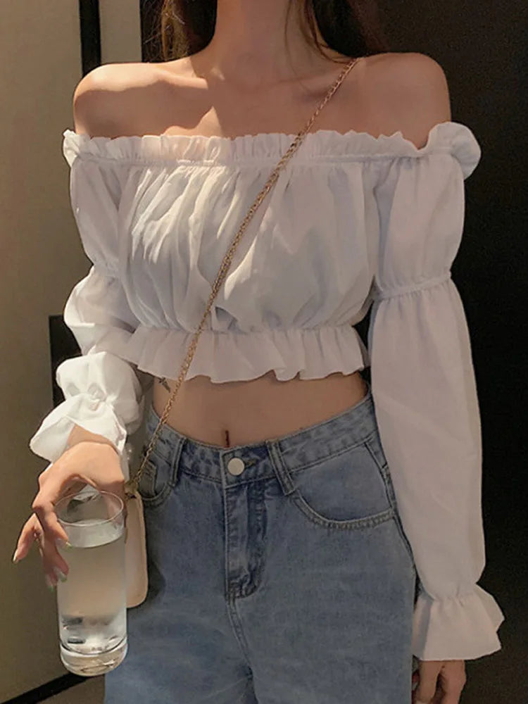 Women’s Off-Shoulder Puff Sleeve Blouse – Ruffle, Crop Top, White