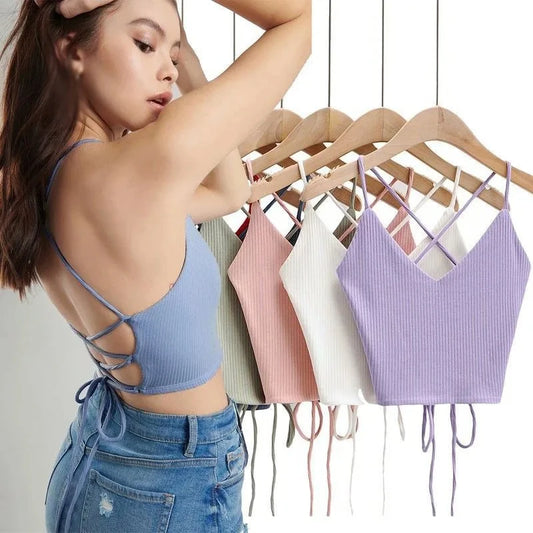 Women’s Ribbed Halter Crop Top – Lace-Up Tie Back, Sleeveless Summer Style