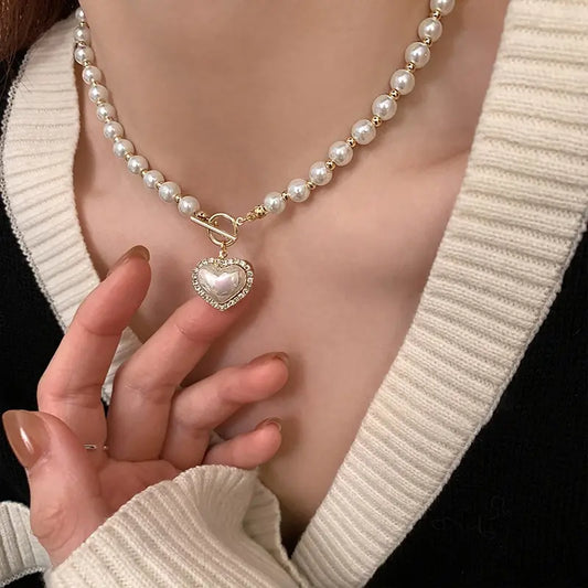 Elegant Heart Pearl Necklace for Women – Luxury Korean-Inspired Jewelry, Imitation Pearls, Ideal Gift for Girls