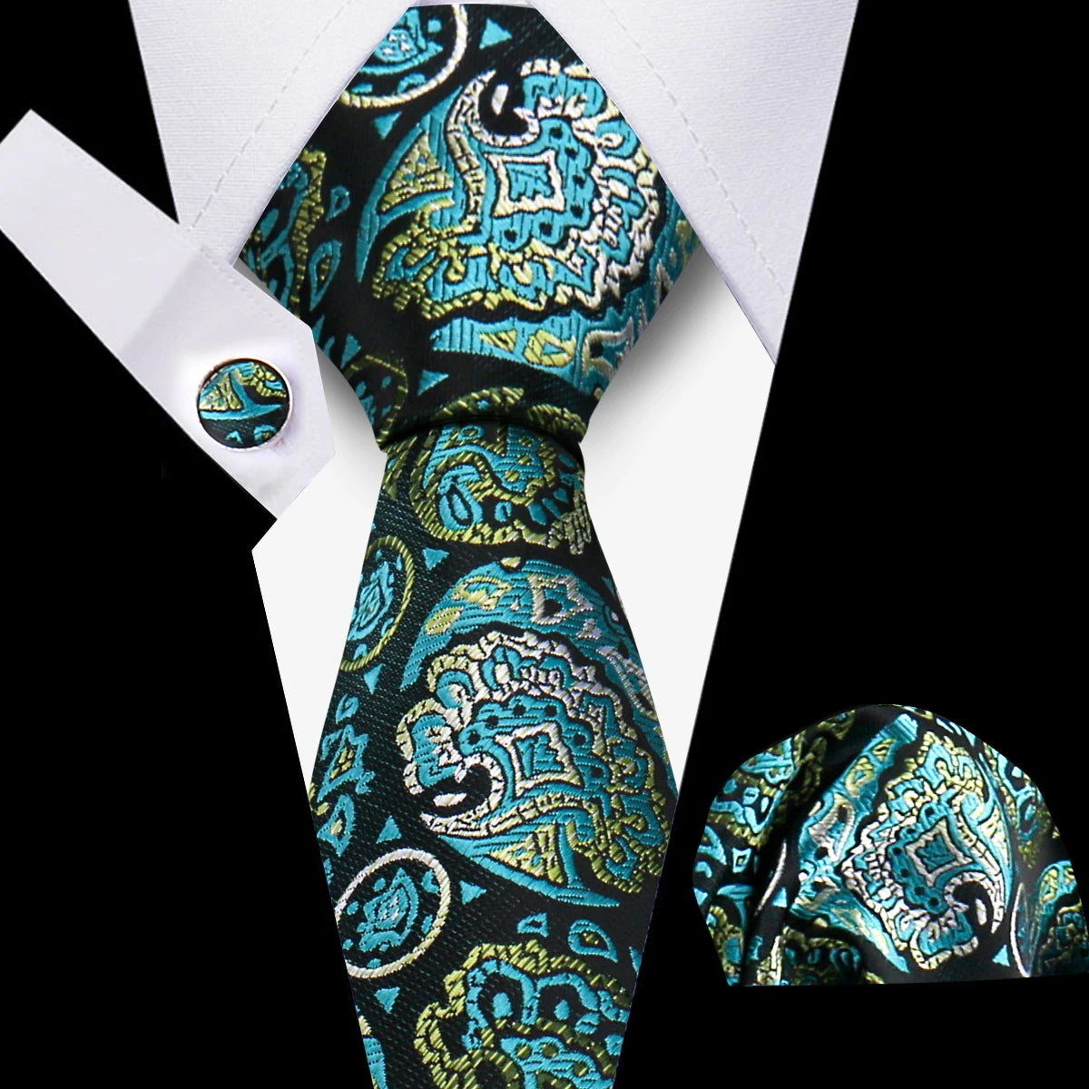 Classic Men’s Tie Set Plaid Necktie with Pocket Square & Cufflinks Business Wedding Gift Accessories