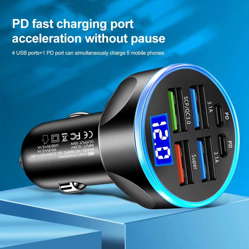 66-250W PD Car Charger QC3.0 Fast Charging Cigarette Lighter Splitter with Digital Display, 1-to-6 Multi Port Adapter