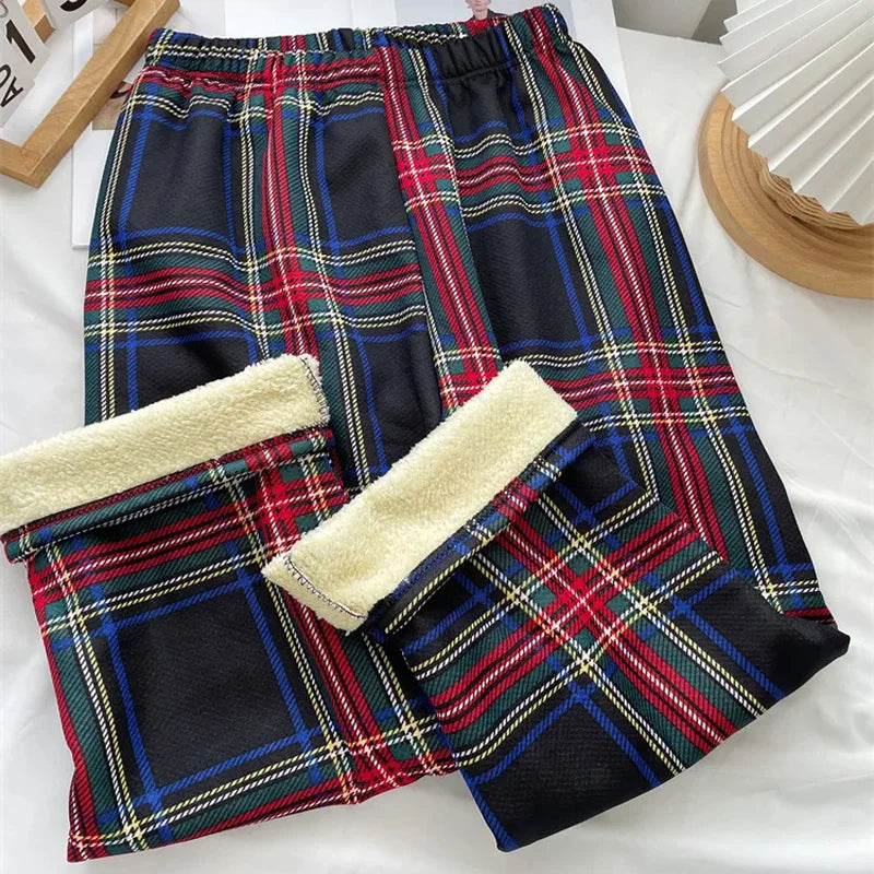 Women’s Winter Plaid Wide-Leg Pants – High-Waist & Fleece-Lined