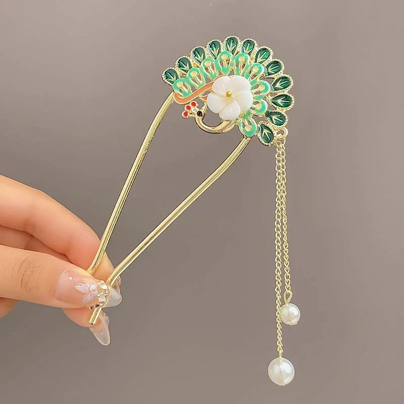 Elegant Chinese Style Floral U-Shaped Hair Clip Tassel Hair Stick Luxury Hairstyle Accessory Women Jewelry Hairpin Hairneedle