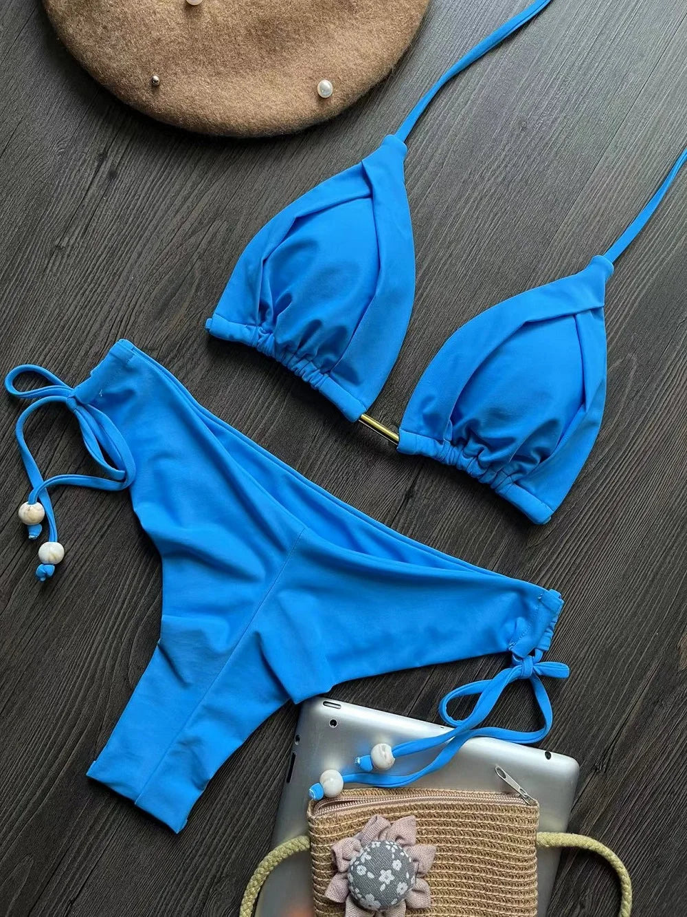 2025 Sexy Triangle Bikini Set – Halter Push-Up Swimwear with Chain