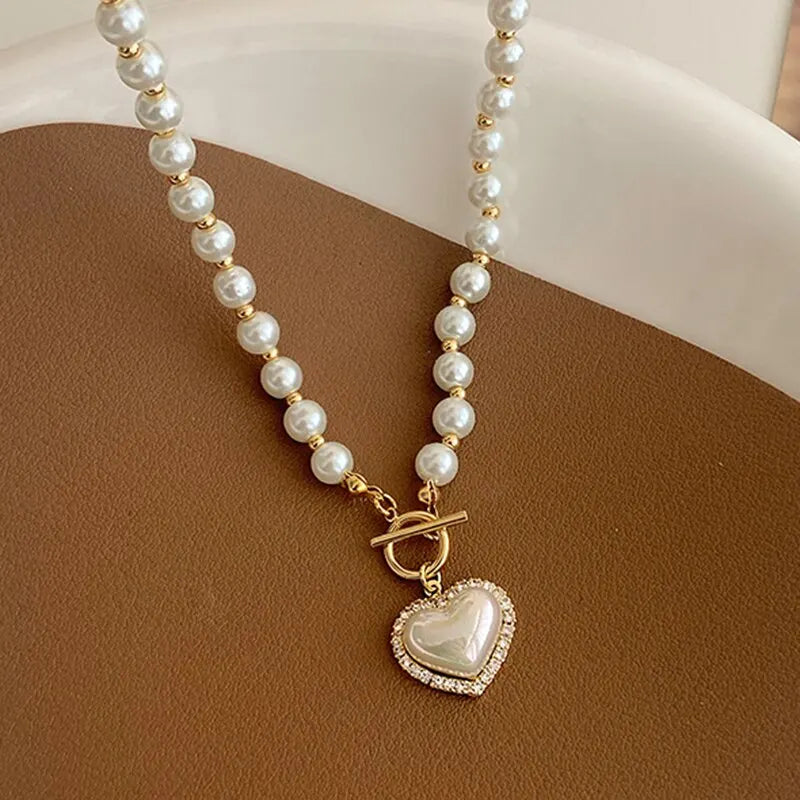 Elegant Heart Pearl Necklace for Women – Luxury Korean-Inspired Jewelry, Imitation Pearls, Ideal Gift for Girls