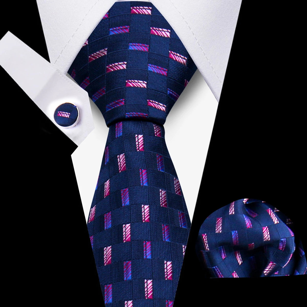 Classic Men’s Tie Set Plaid Necktie with Pocket Square & Cufflinks Business Wedding Gift Accessories