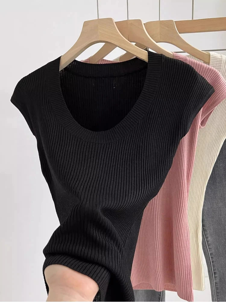 AOSSVIAO U-Neck Ribbed Knit Top – Slim Fit Summer Pullover
