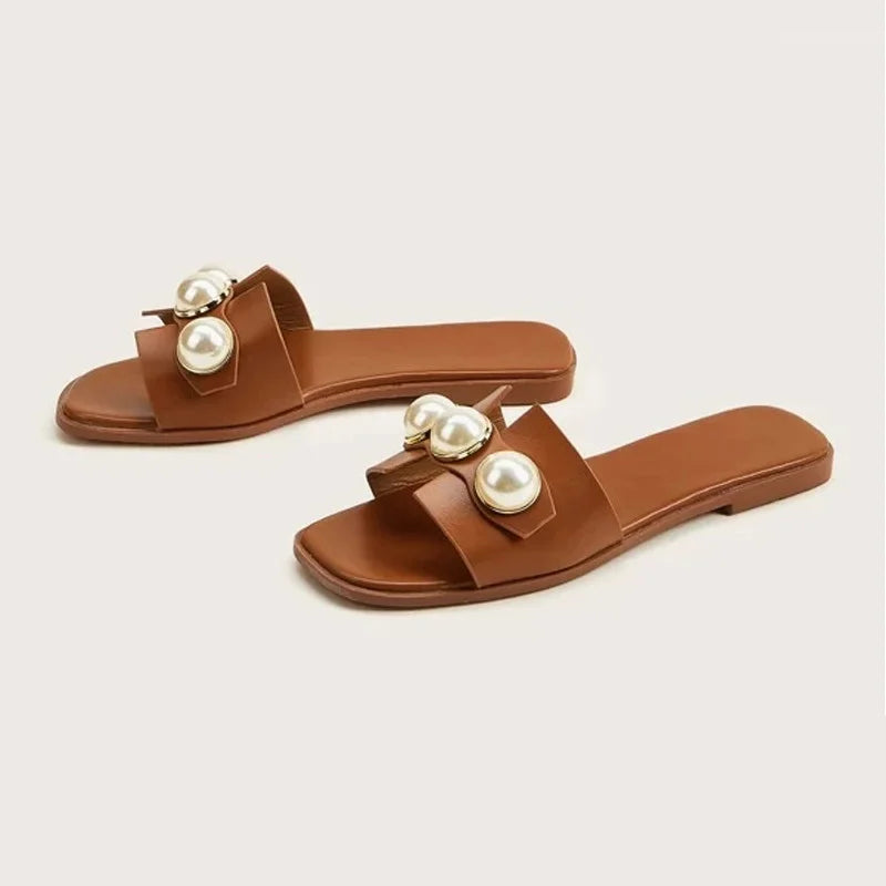 Women’s 2025 Pearl Sandals – Flat Fashion Slippers, Roman Style Flip-Flops for Party, Casual & Beach Wear