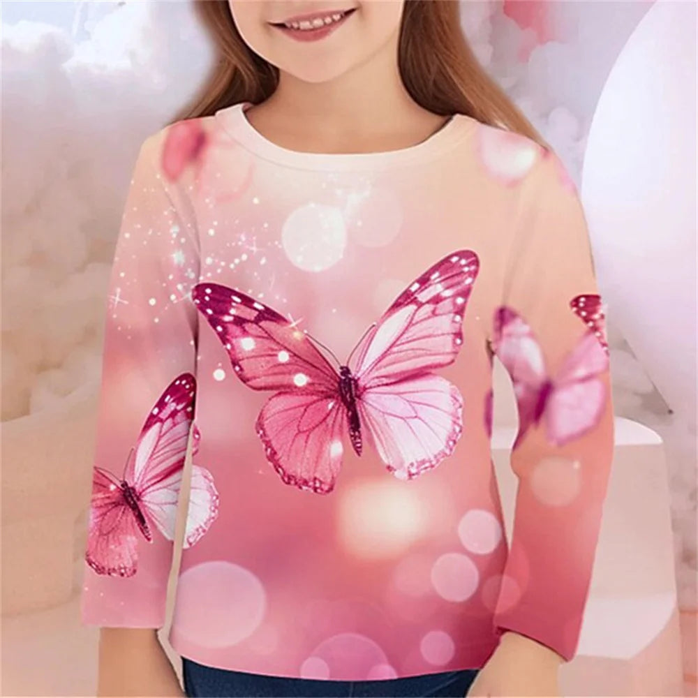 Girls' 3D Butterfly Print Long-Sleeve T-Shirt – Casual Spring/Fall Kids' Top
