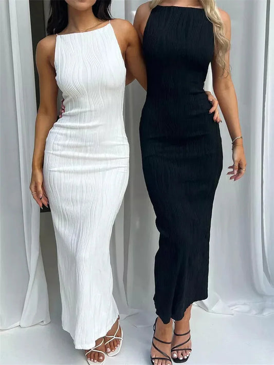 Summer 2024 Slim Rushed Dress – Monochrome, Back Split, Sleeveless