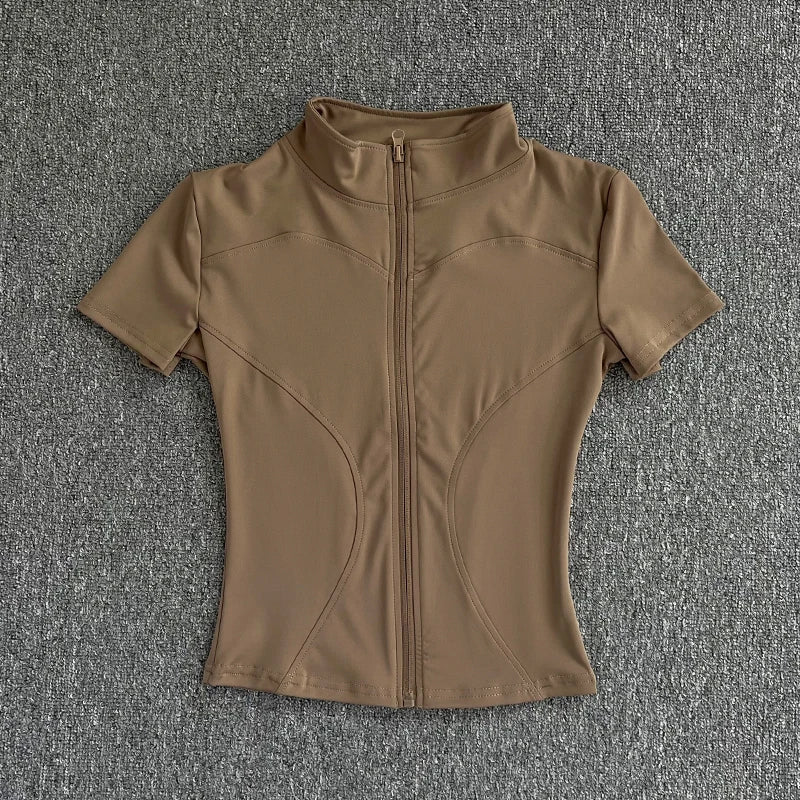 Women’s Summer Slimming Quick-Dry Yoga Top – Short Sleeve, Full-Zip