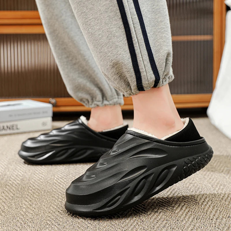 Warm Men’s Home Slippers – Velvet Heel, Non-Slip, Durable & Waterproof for Couples