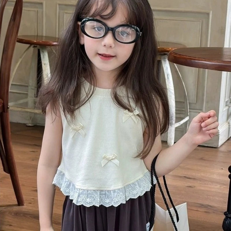 Stylish Children Tank Tops Vest Girls Summer Short Sleeveless Bow-Knot Floral Lace Clothes Kids Casual Wear Cute T-Shirt